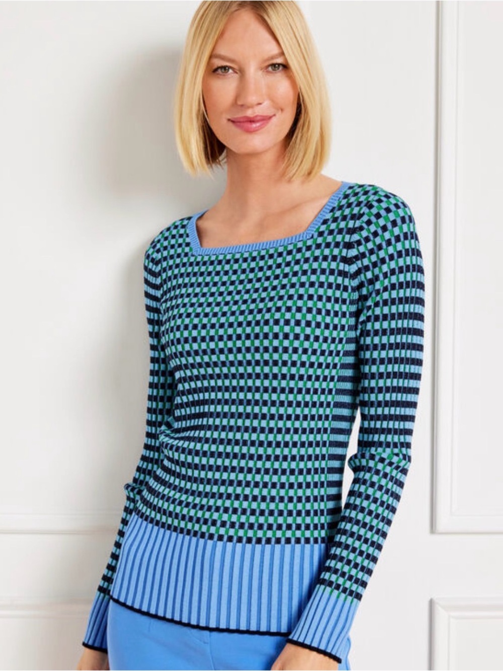 Talbots Petite Small Blue Green Geometric Checkered Ribbed Knit Sweater